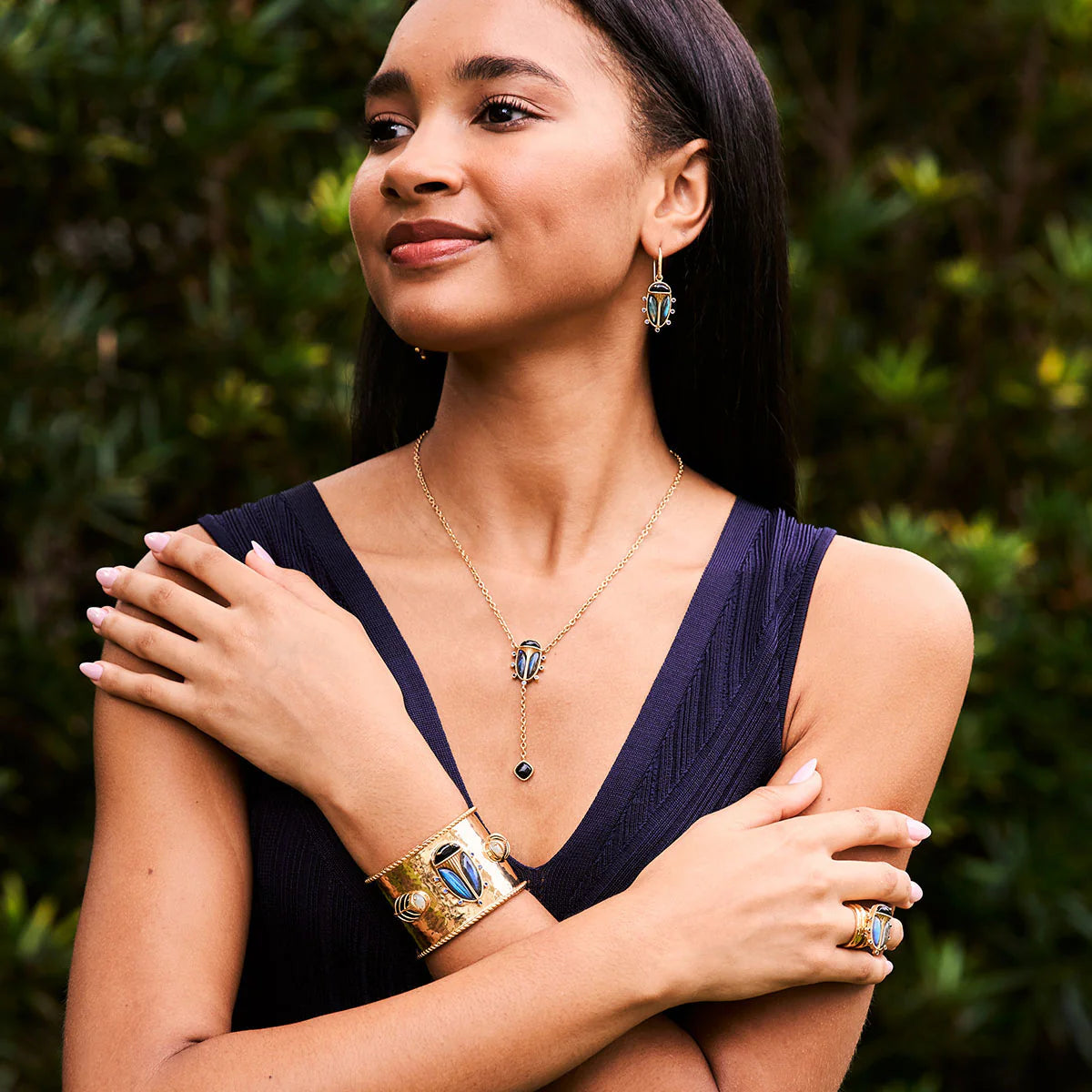 Scarab Lariat Necklace Labradorite Black Agate