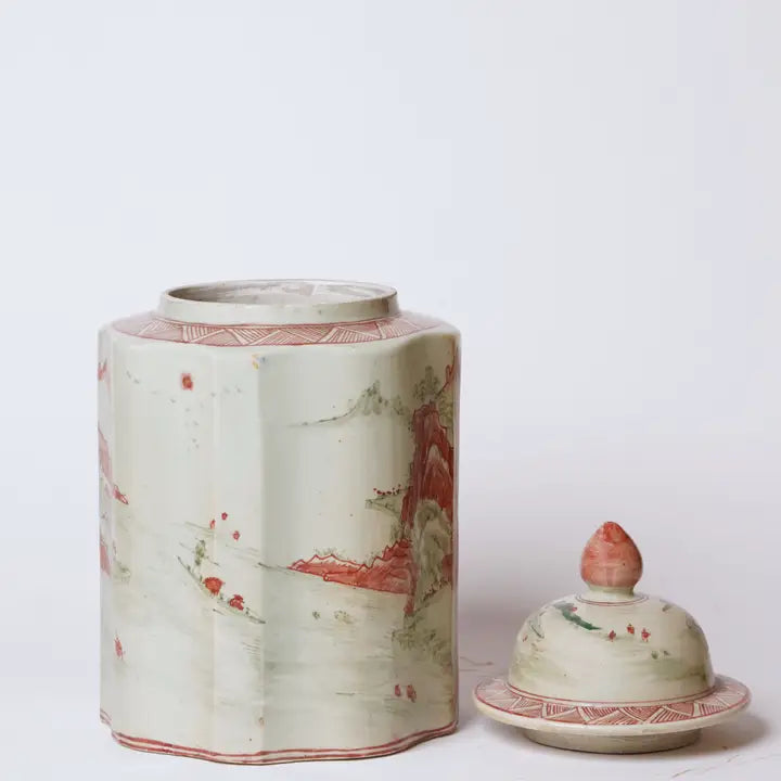 Pink and Green Porcelain Landscape Ribbed Lidded Jar