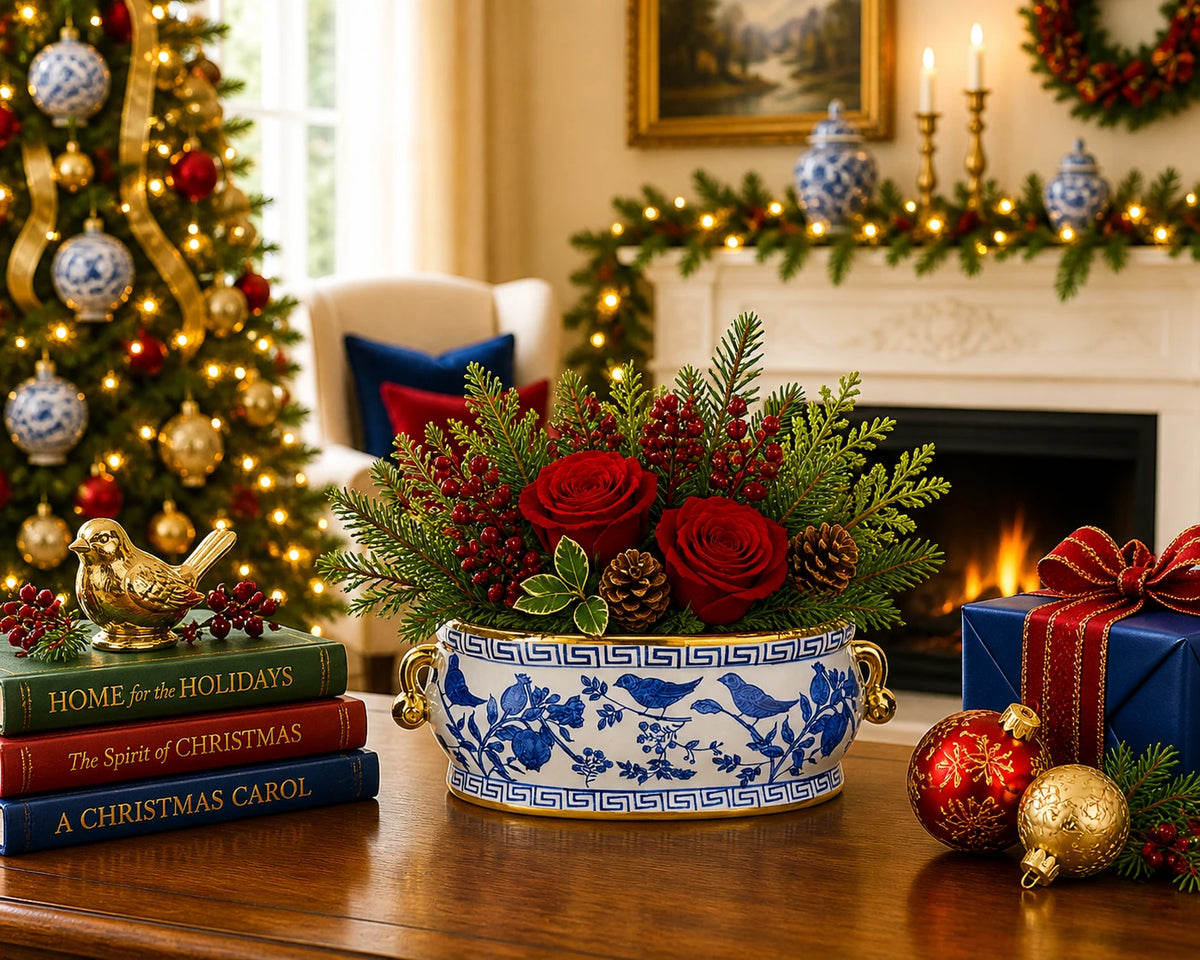 Blue & White Chinoiserie Planter with Greek Key Border