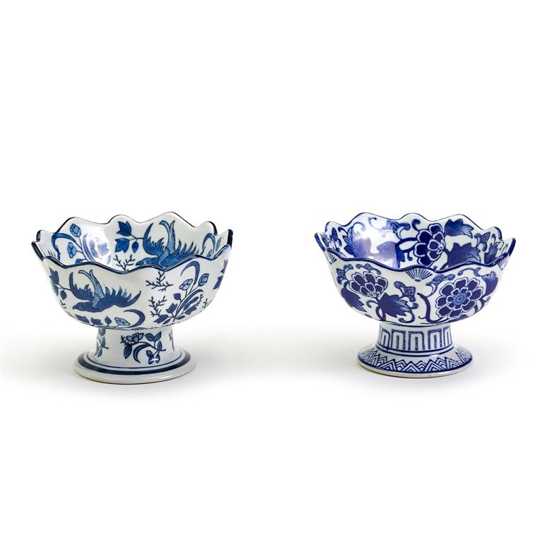 Scalloped Edge Blue & White Footed Bowl