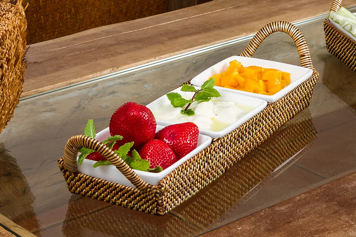 Handwoven Crudité Tray Compact Size, with 3 Porcelain Dishes