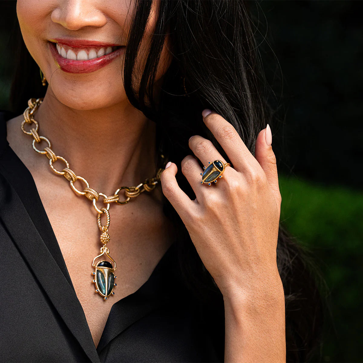 Scarab Ring Labradorite Black Agate