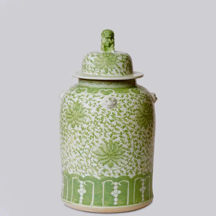 Green and White Porcelain Scrolling Lotus Temple Jar