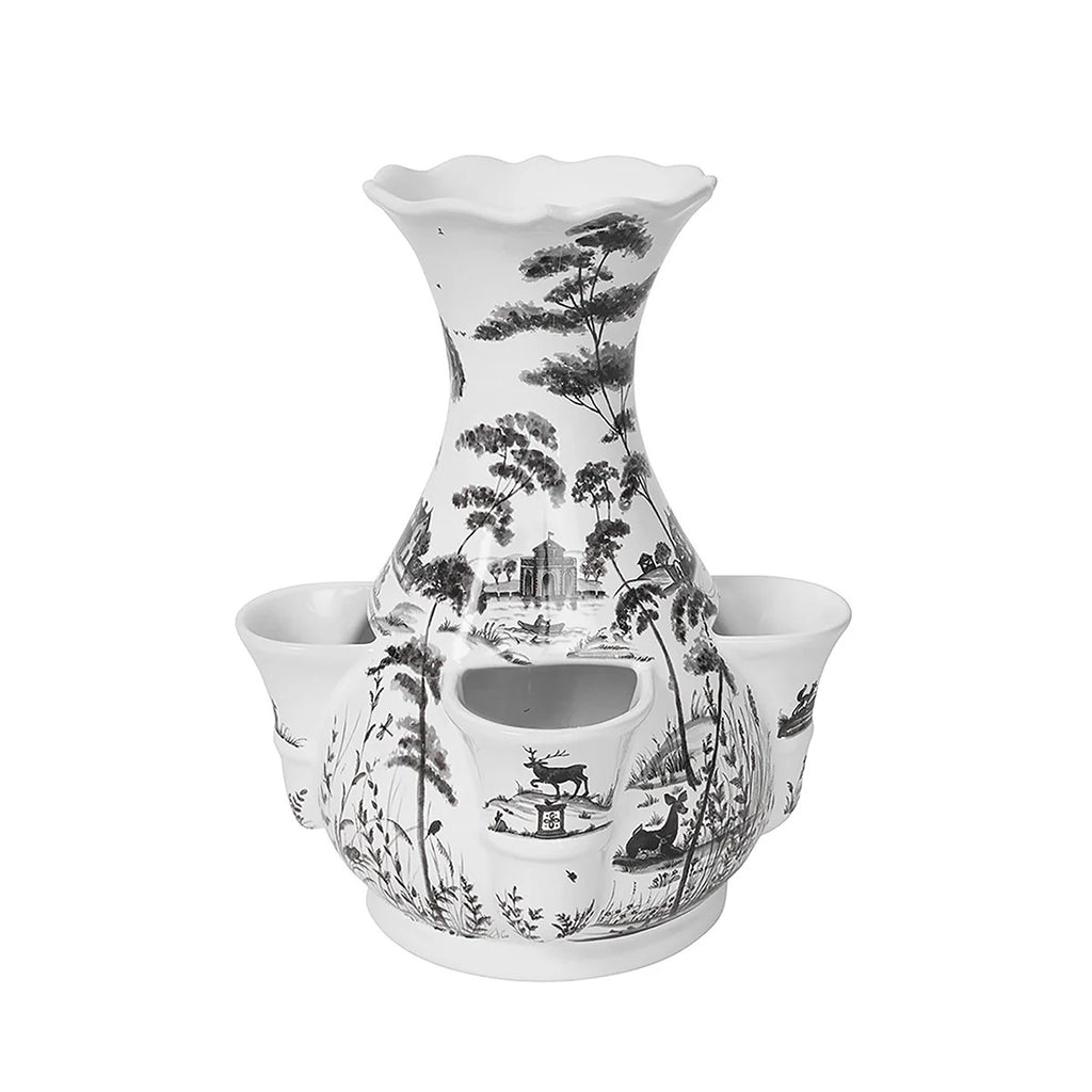 Country Estate tulipiere vase in flint grey with detailed landscape design and three multi-stem openings.