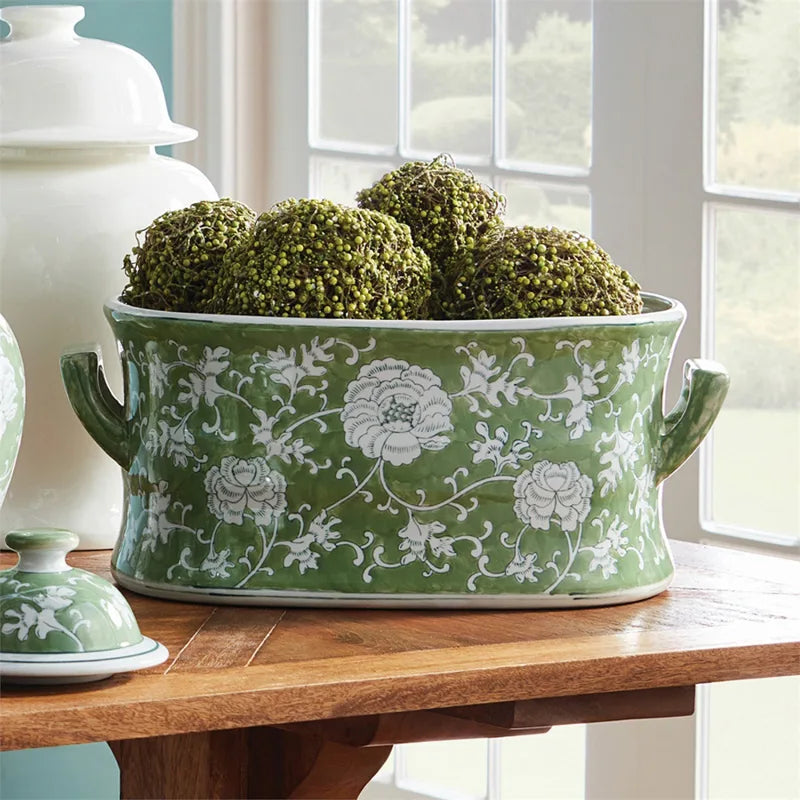 Green & White Chinoiserie Imperial Lotus Planter