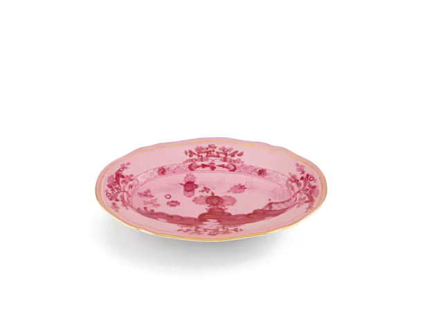 Oriente Italiano pickle dish in pink with floral design and gold trim, displayed at an angle.