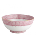 Pink lace round serving bowl with intricate pink and white floral patterns and a gold rim.