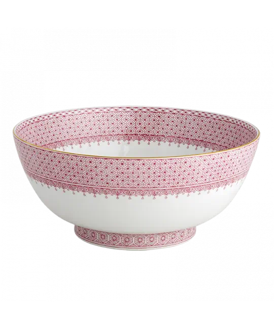 Pink lace round serving bowl with intricate pink and white floral patterns and a gold rim.