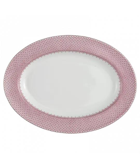 Oval platter with a white center and a pink lace-patterned border.