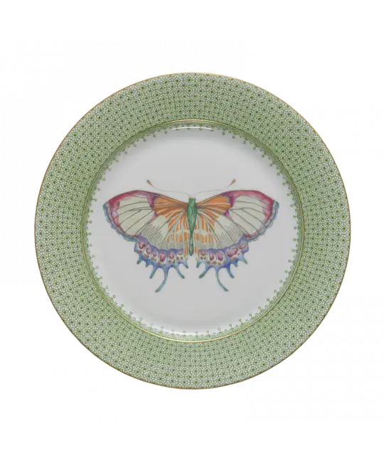 Apple lace dessert plate featuring a colorful butterfly design and a green patterned border.