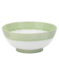 Green apple lace round serving bowl with intricate green pattern and a smooth white interior.