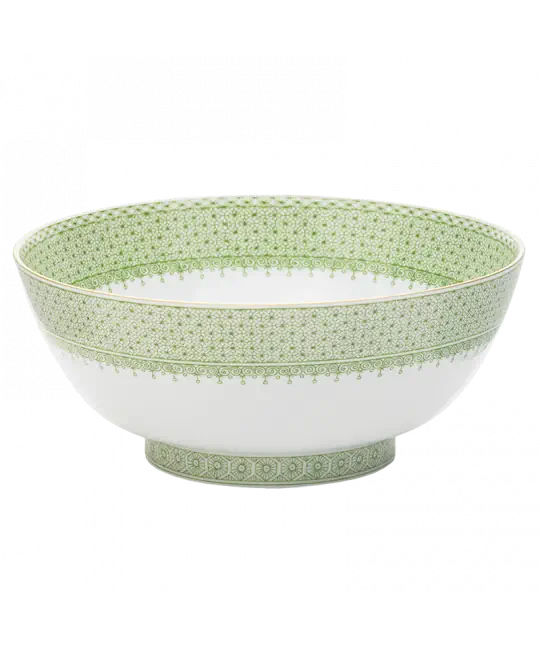 Green apple lace round serving bowl with intricate green pattern and a smooth white interior.