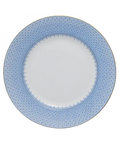 Cornflower lace dinner plate featuring a delicate blue floral pattern and a gold rim, viewed from above.