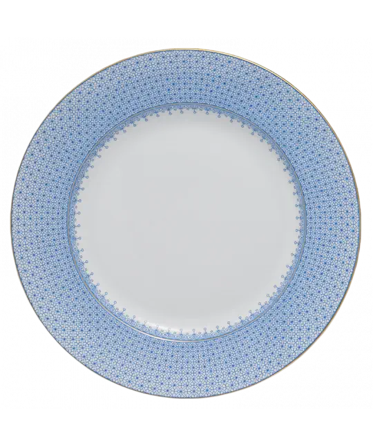 Cornflower lace dinner plate featuring a delicate blue floral pattern and a gold rim, viewed from above.