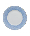 Cornflower lace dessert plate featuring a delicate blue floral pattern around the rim on a white background.