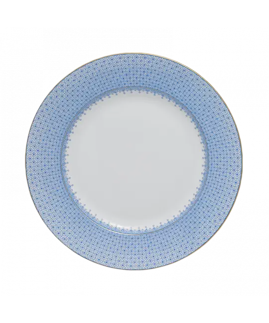 Cornflower lace dessert plate featuring a delicate blue floral pattern around the rim on a white background.