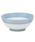 Cornflower lace round serving bowl with intricate blue floral patterns and a smooth white interior.