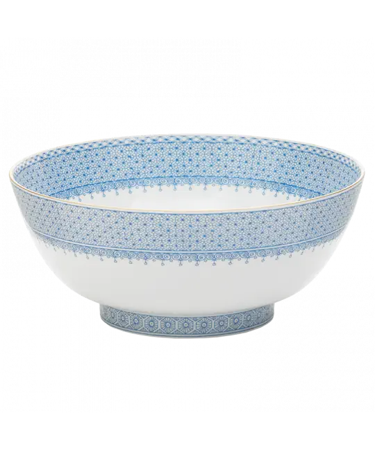 Cornflower lace round serving bowl with intricate blue floral patterns and a smooth white interior.