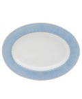 Cornflower lace oval platter featuring a white center and a delicate blue lace border.