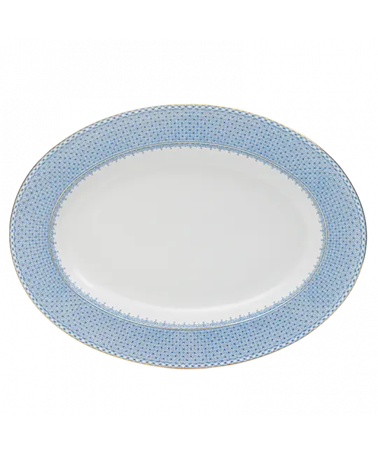 Cornflower lace oval platter featuring a white center and a delicate blue lace border.
