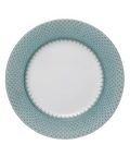 Green lace dinner plate featuring a delicate lace pattern around the edge and a smooth white center.