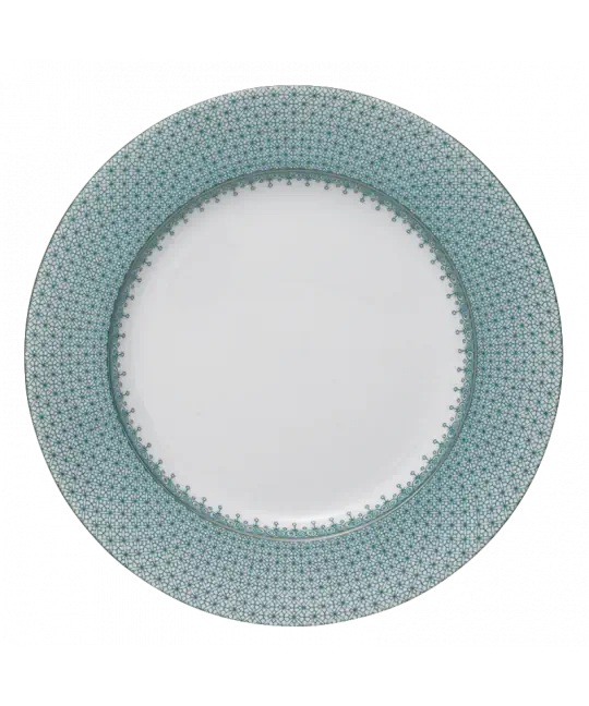 Green lace dinner plate featuring a delicate lace pattern around the edge and a smooth white center.