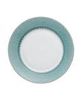 Green lace dessert plate featuring a delicate turquoise floral pattern around a white center.