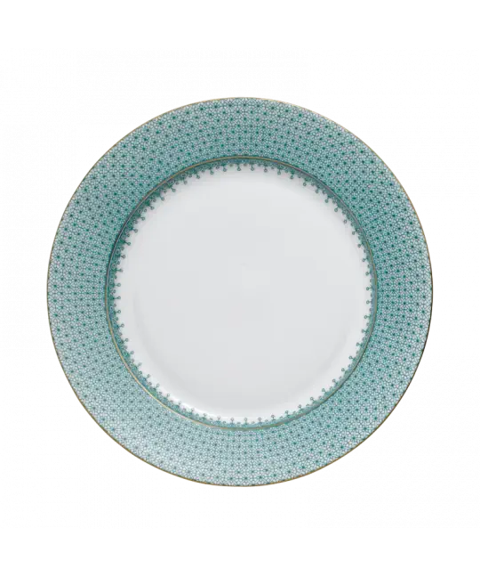Green lace dessert plate featuring a delicate turquoise floral pattern around a white center.