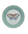 Green lace dessert plate featuring a colorful butterfly design in the center and intricate detailing around the edge.