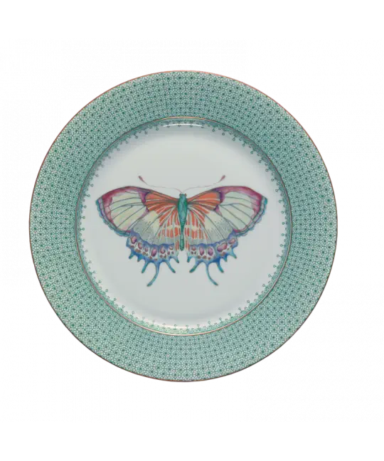 Green lace dessert plate featuring a colorful butterfly design in the center and intricate detailing around the edge.