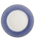 Blue lace dinner plate featuring a detailed blue pattern and a gold rim, with a white center.