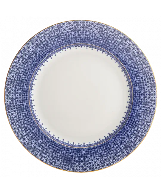 Blue lace dinner plate featuring a detailed blue pattern and a gold rim, with a white center.