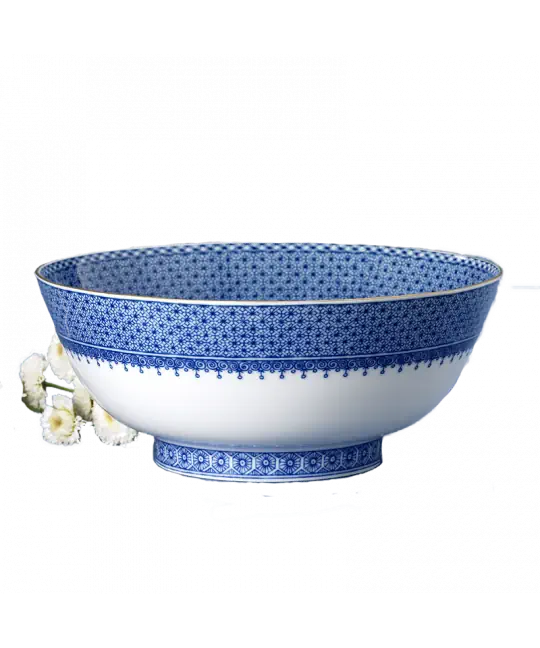 Blue lace round serving bowl with intricate blue patterns on a white background, featuring a wide rim and a sturdy base.