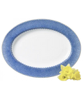 Blue lace oval platter with a white center and intricate blue lace detailing around the edge.