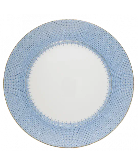 Cornflower lace charger plate featuring a delicate blue floral pattern and a white center, round shape.