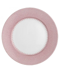 Pink lace charger plate with a decorative pink lace border and a white center.