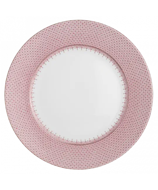 Pink lace charger plate with a decorative pink lace border and a white center.