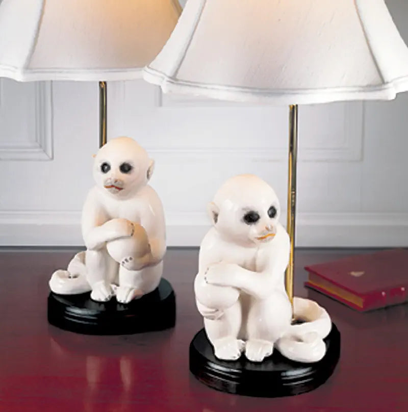 Small White Monkey Lamp – Pair w/Black Shades