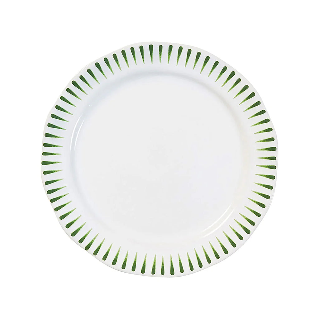 Sitio stripe dinner plate in basil green with a white center and decorative green stripes along the edge.