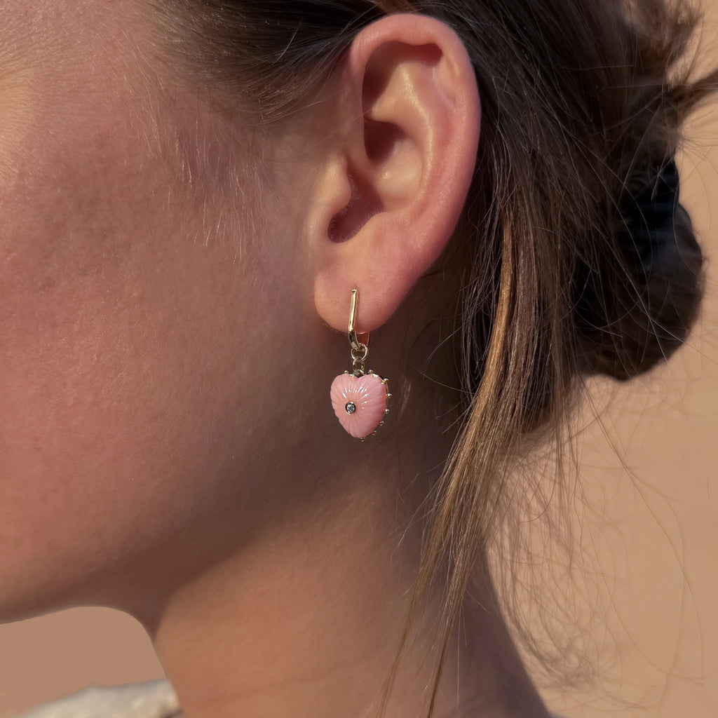 Pink Opal Heart Earrings (Convertible Hoop)