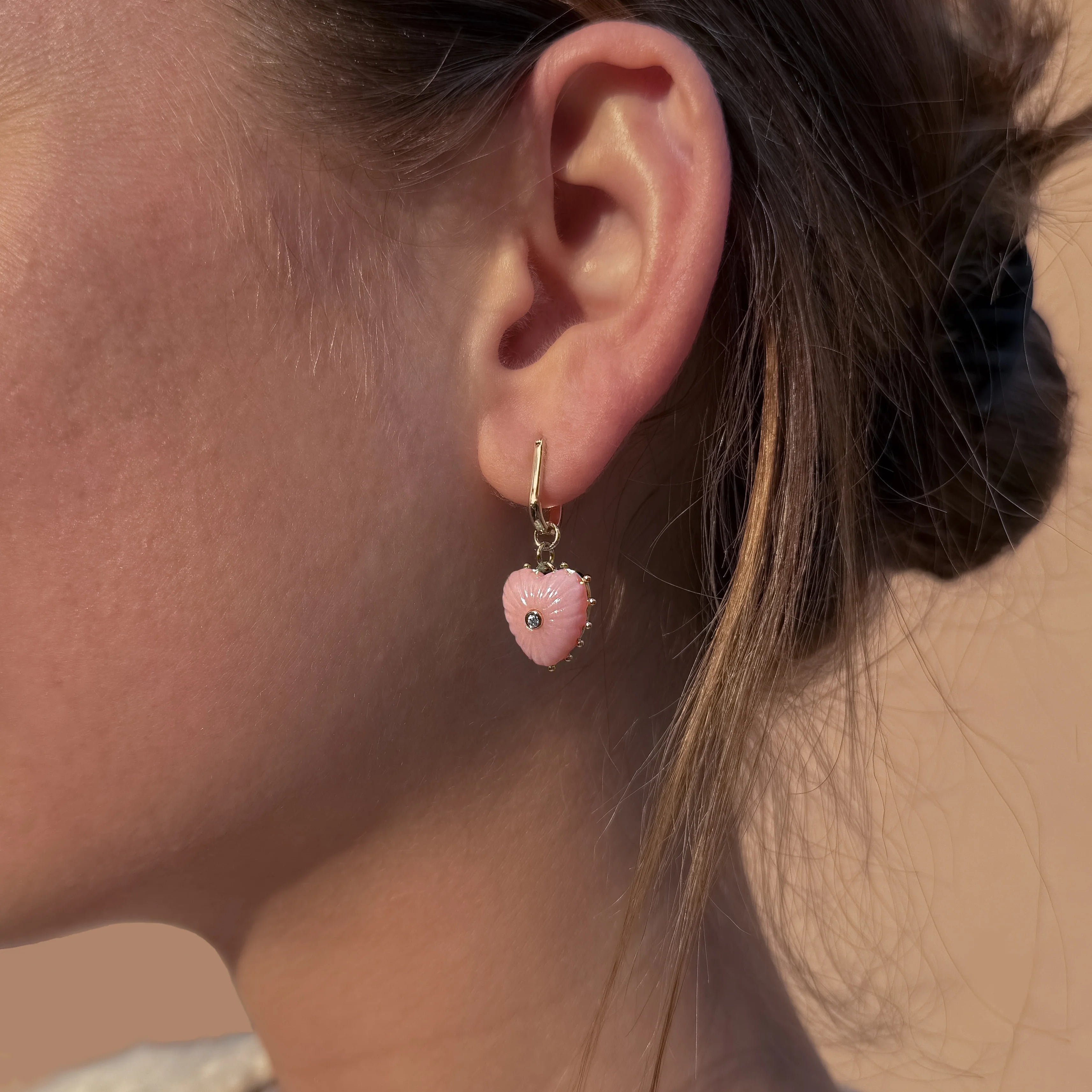 Pink Opal Heart Earrings (Convertible Hoop)